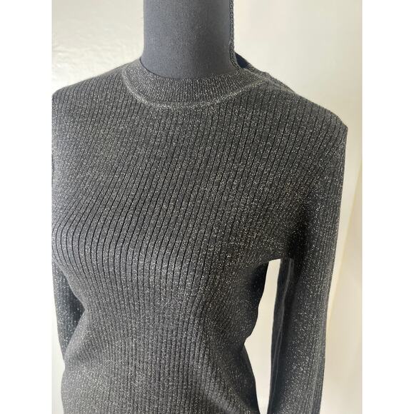 Loft Women's Cable Knit Metallic Chic Preppy Casual Soft Sweater Black Silver M - Picture 4 of 9